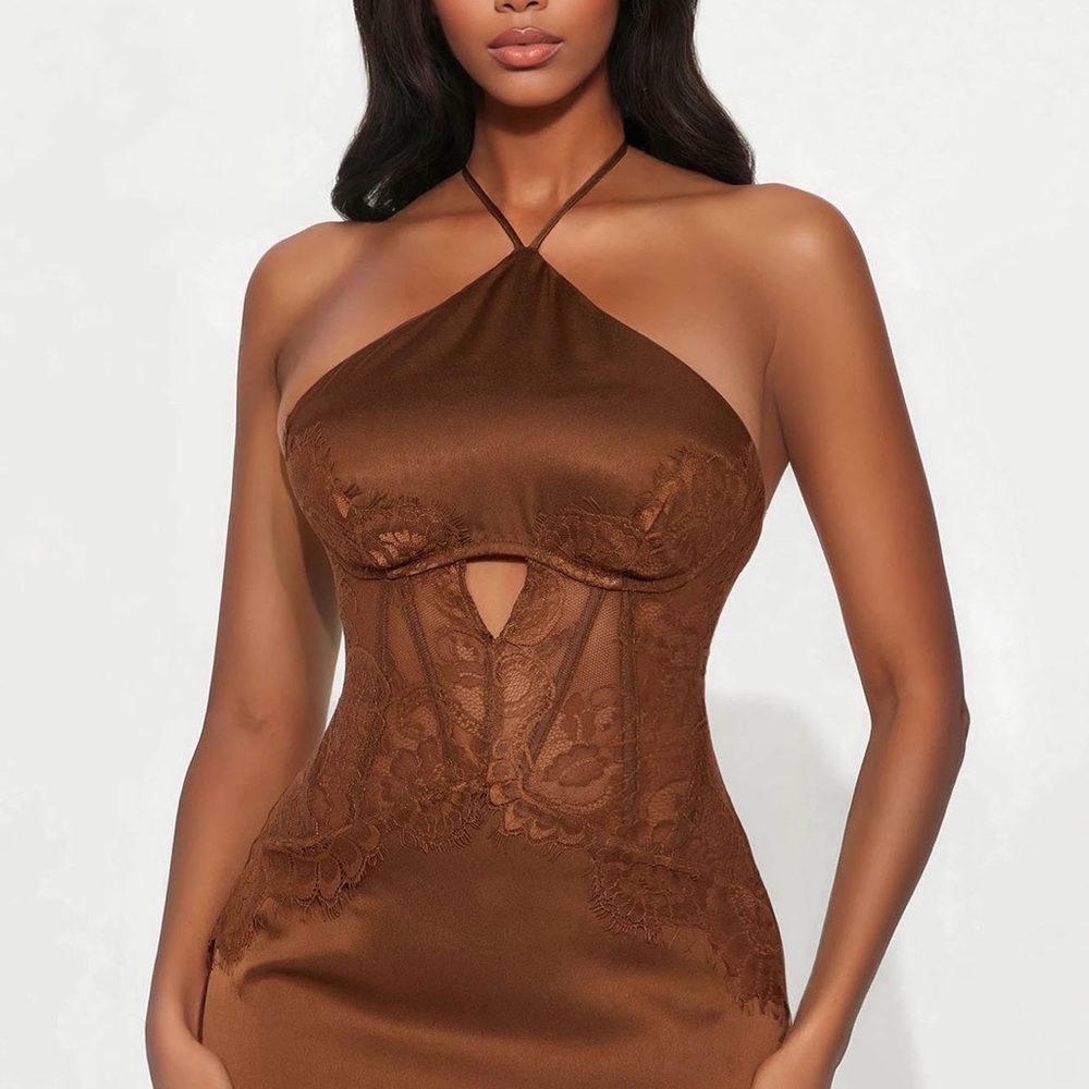 Chocolate Brown Lace-Detail Satin Evening Dress - Picture 2 of 4